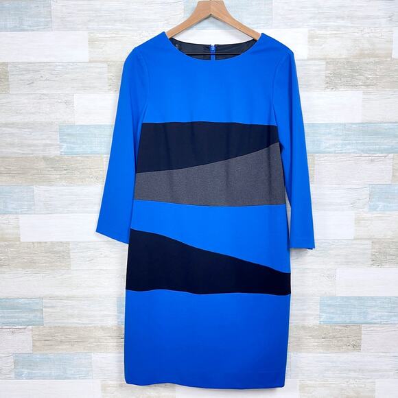 CARLISLE Colorblock Ponte Sheath Dress Blue Black Long Sleeve Career Womens 12 - Picture 1 of 7